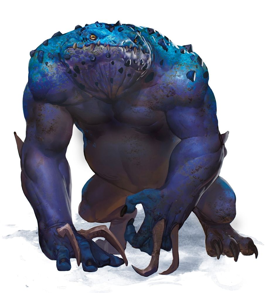 Blue, muscular brute with sharp claws kneels. Purple skin, large head, menacing expression.