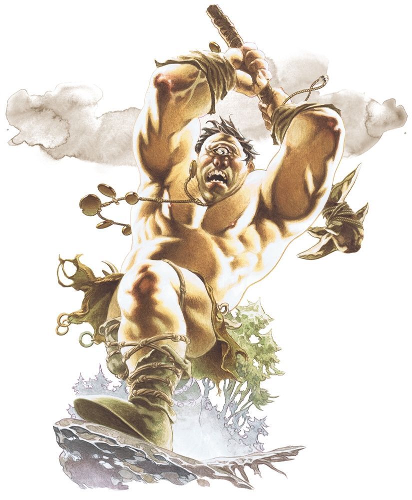 Muscular giant swinging a club, roaring, and stomping on a rock.