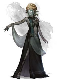 Medusa-like figure in dark dress, adorned with snakes. Pale skin, arms outstretched, against a blurred background.