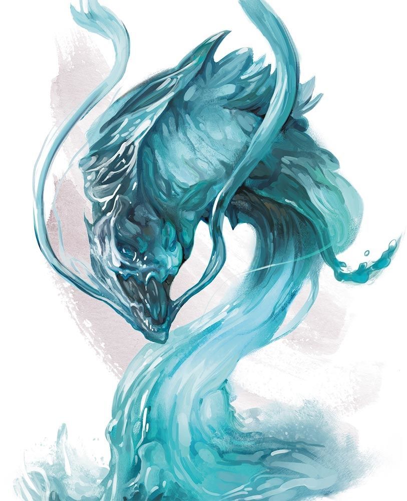 Blue, ethereal water elemental rising, with a jagged face, flowing body, and swirling tendrils.