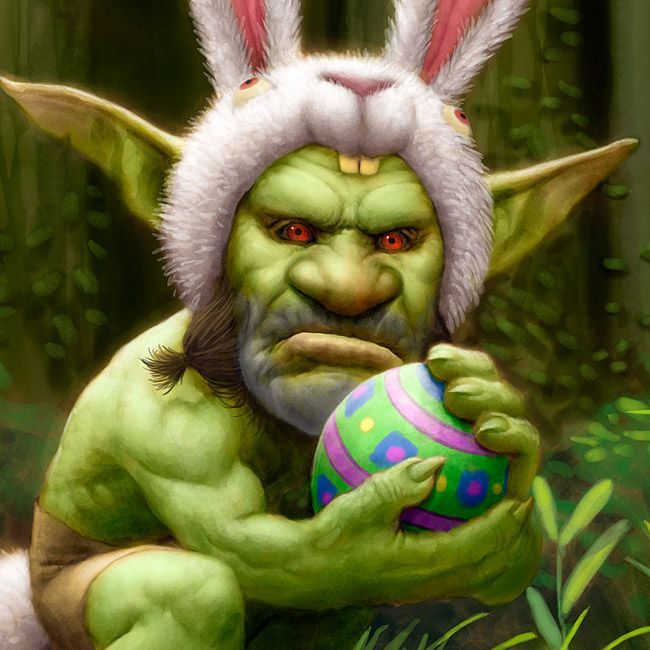 Green-skinned goblin wearing bunny ears, holding a decorated Easter egg, with an angry expression in a forest.