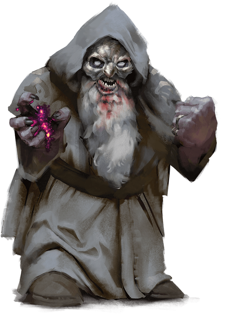 Zombie-like robed figure with a gray hood, holding a glowing purple object and a rock; bloody face.