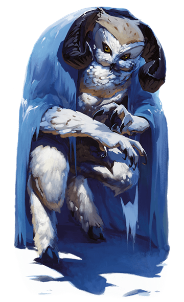 An owl-like creature, with horns, clad in icy blue cloak, crouched on a snowy surface.