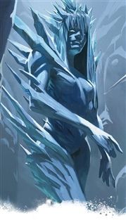 Ice woman with long hair, made of ice shards. Blue-toned, cold, and icy setting.