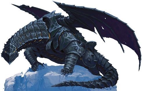 Black armored dragon on a snowy peak, wings spread.