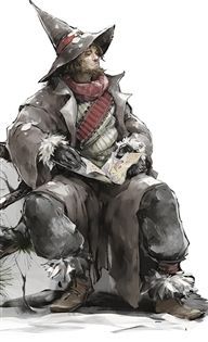 A bearded wizard in a tattered coat and hat, reading a map outdoors.