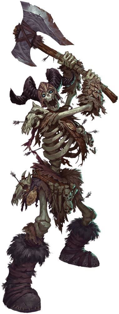 A skeletal warrior with a large axe, dressed in furs and carrying bones.