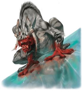 Gray and white feline-like creature, covered in blood, with sharp teeth and claws, on a light blue surface.