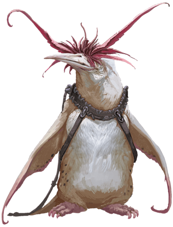 A bird-like creature with red wings and a spiky headpiece, wearing a harness.