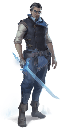 Man holding a glowing blue sword, dressed in dark vest, blue pants.
