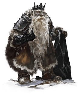 Dwarven king in fur-lined coat, crowned, armored, holding a dark cloak, standing in snow.