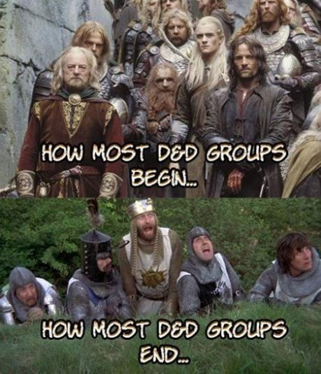 Top: Lord of the Rings cast; serious expressions. Bottom: Monty Python cast; goofy faces in a field. Text: How D&D groups begin/end.