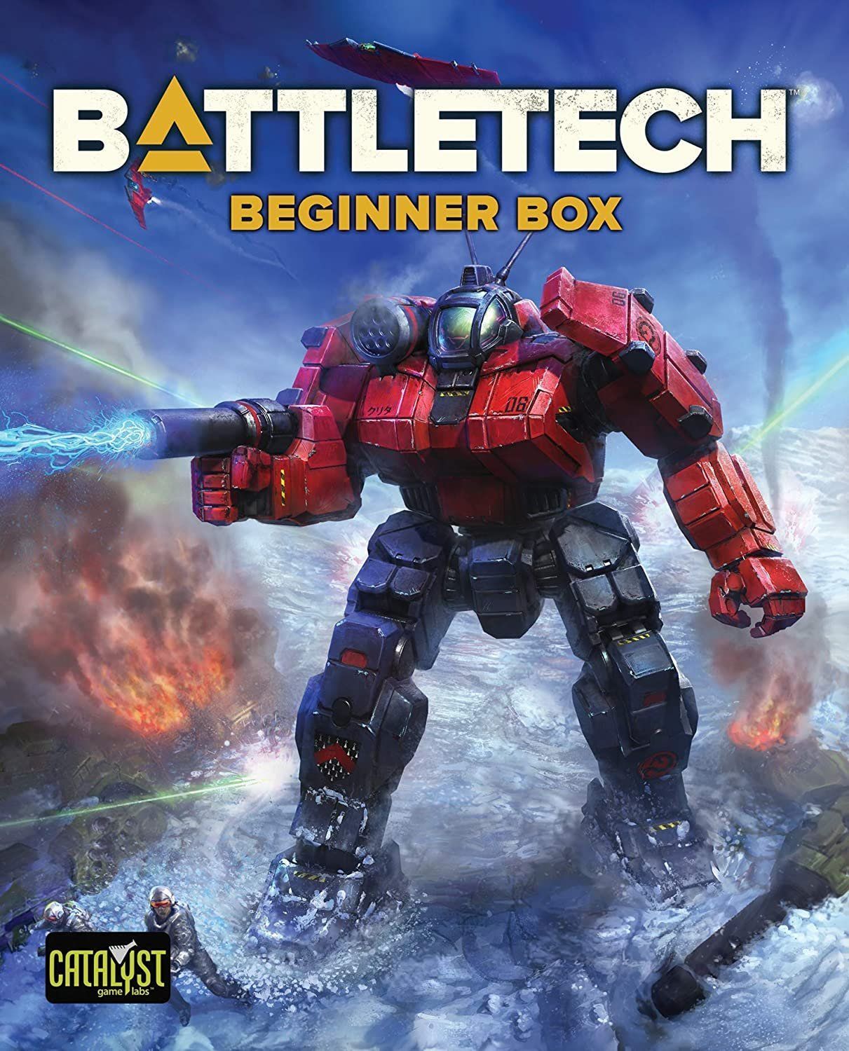 BattleTech Beginner Box cover art: Red and black mech in snowy terrain, blue weapon fire.