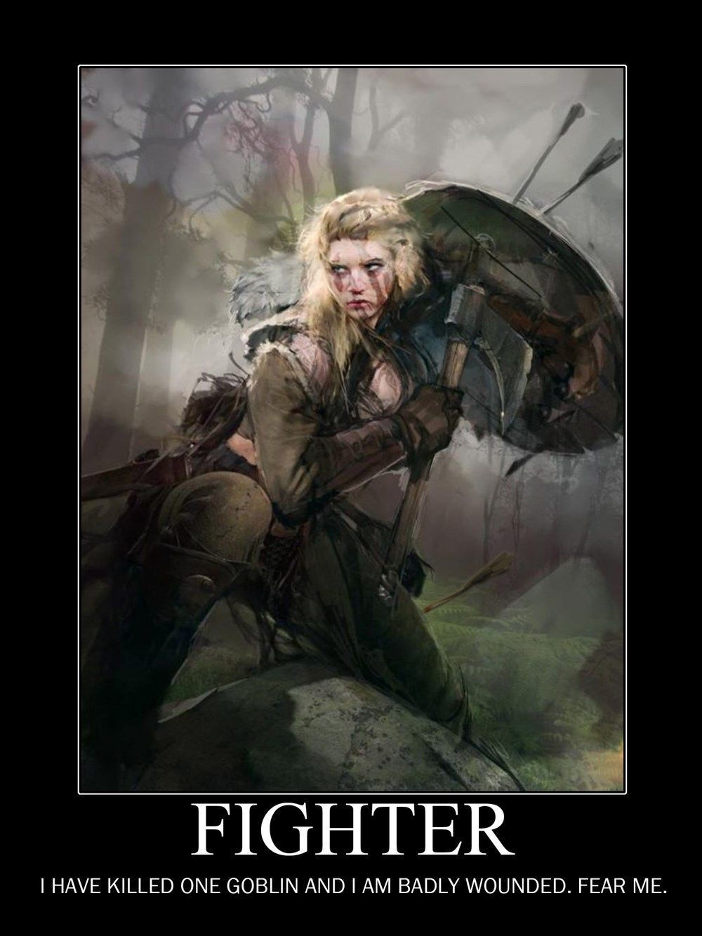Warrior, wounded, kneeling with axe and shield in forest, with arrows in shield;