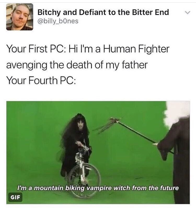 Humorous comparison of RPG character creation: A solemn fighter vs. a mountain biking vampire witch in front of a green screen.