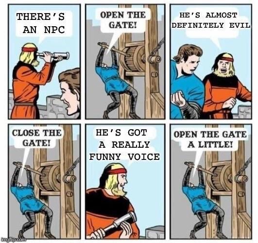 Comic of a knight repeatedly being beheaded and gate-opened due to a suspicious NPC's traits.