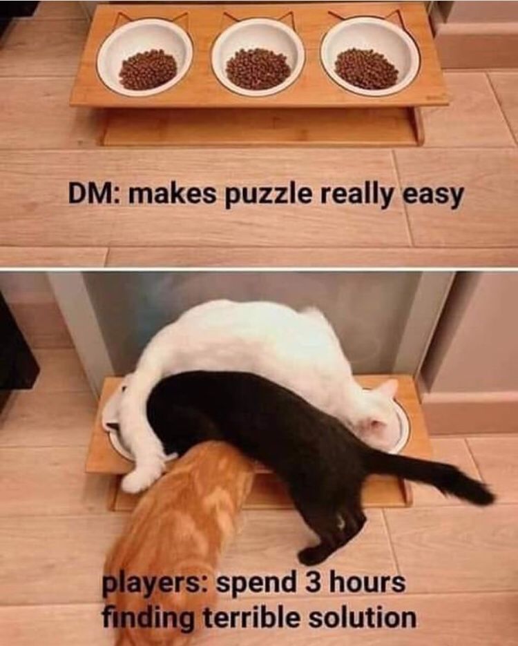 Top: Three bowls of cat food. Bottom: Three cats tangled, eating from the bowls. DM makes easy puzzle, players find terrible solution.