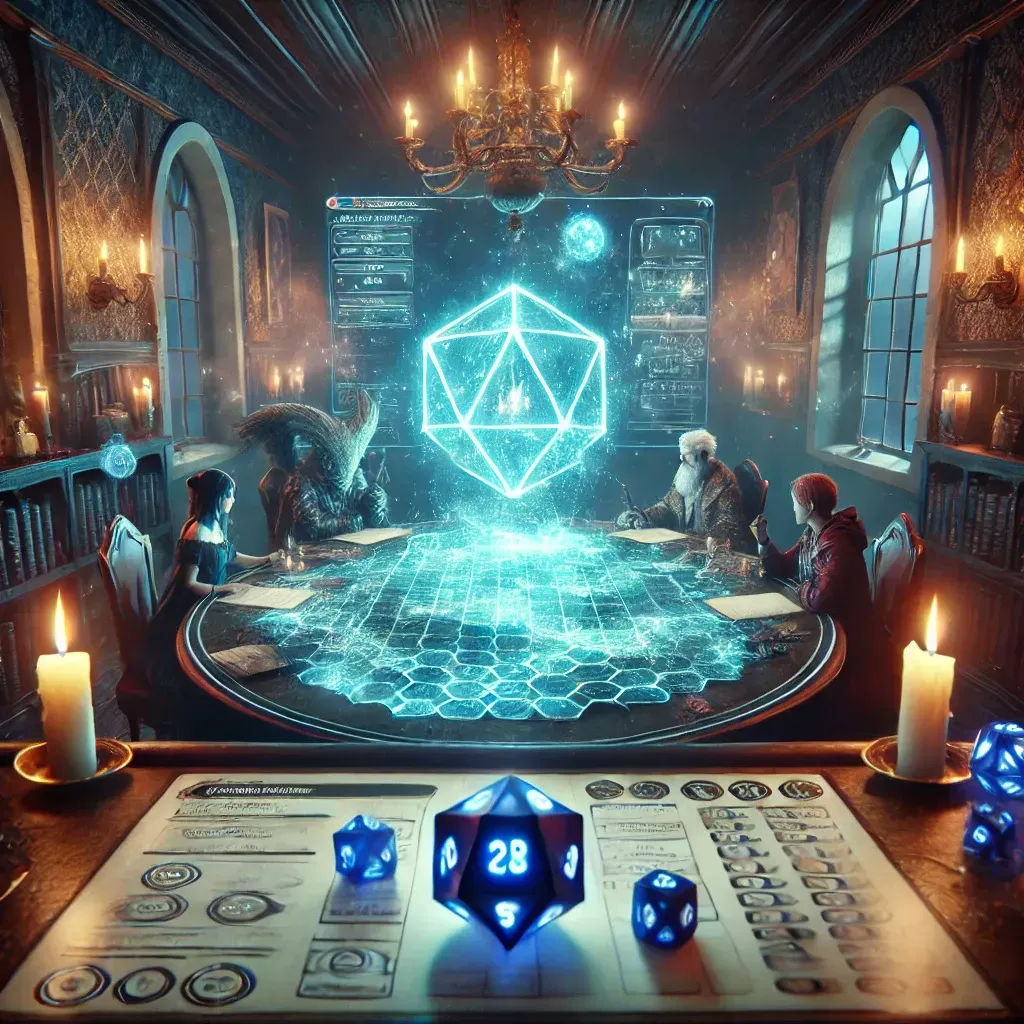 A group of people are sitting around a table with dice and candles.