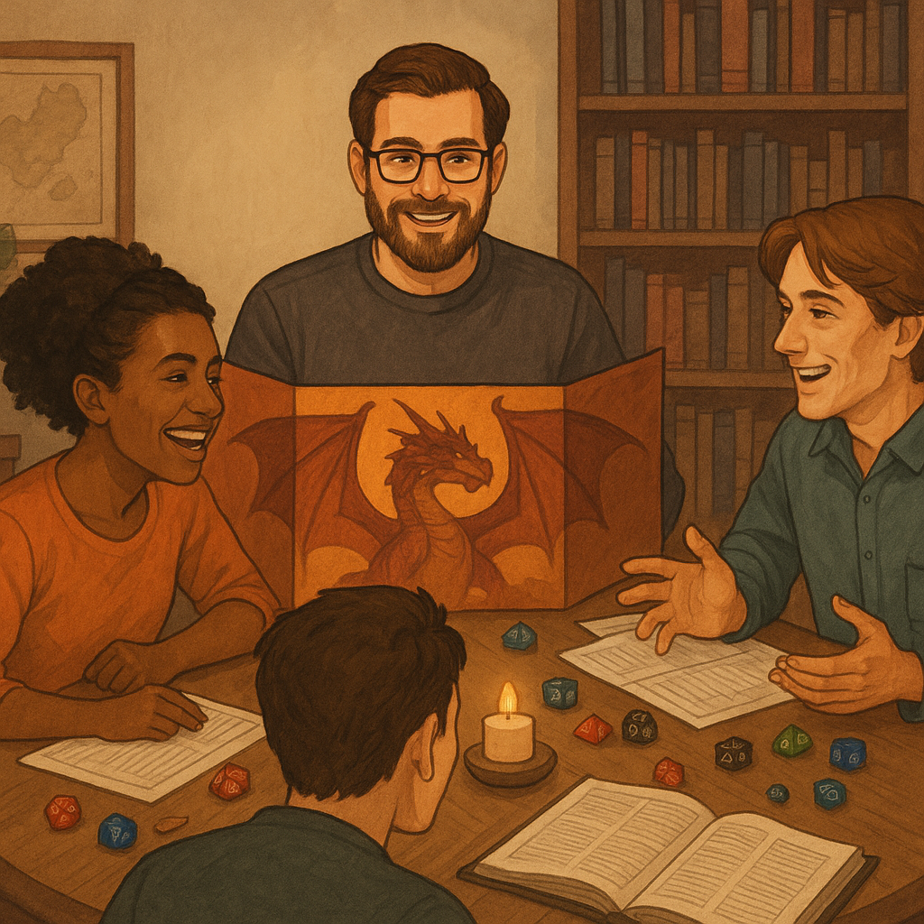A group of people are sitting around a table playing a game of dungeons and dragons.