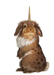 Bunny-corn: A brown rabbit with a unicorn horn stands upright, holding its paws near its chest.