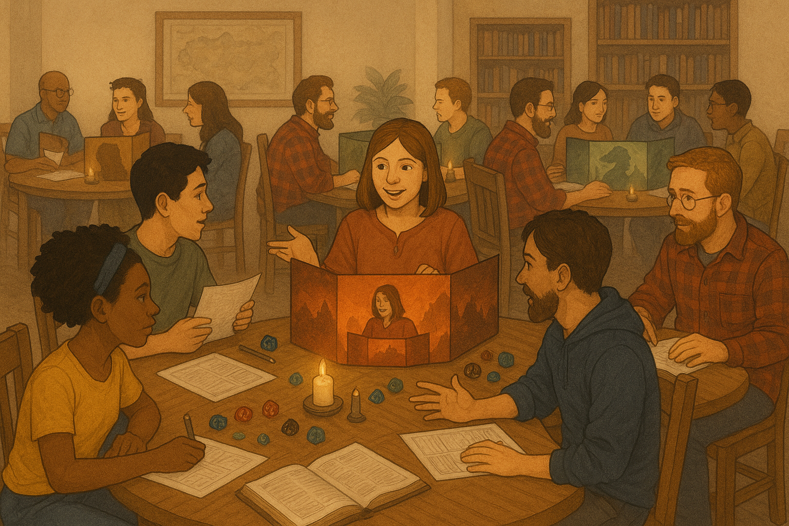 A group of people are sitting around a table playing a game.