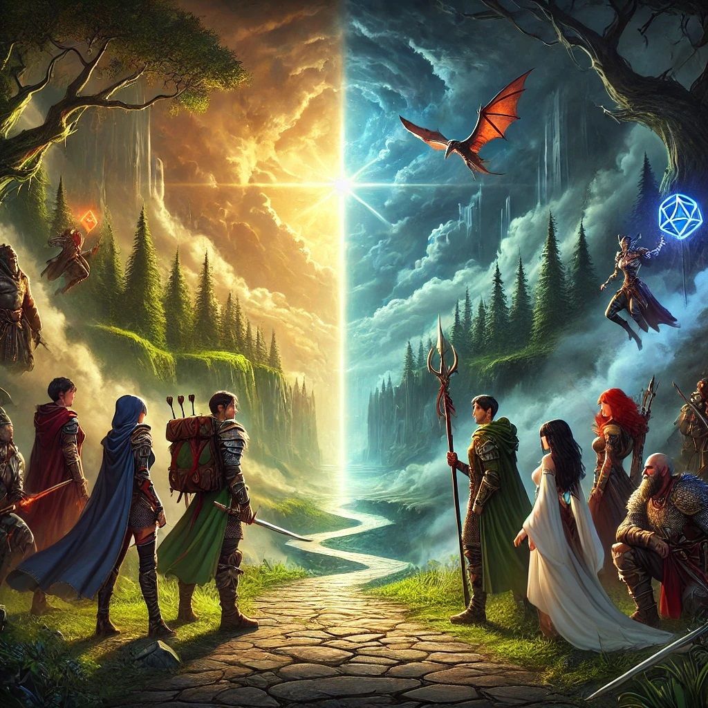 A painting of a group of people standing next to each other on a path.