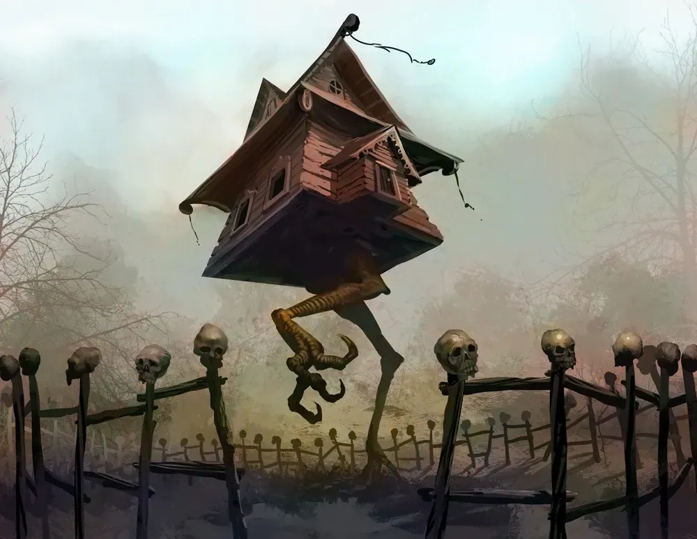 Whimsical house with spindly legs strides behind a skull-topped fence, foggy outdoor setting.