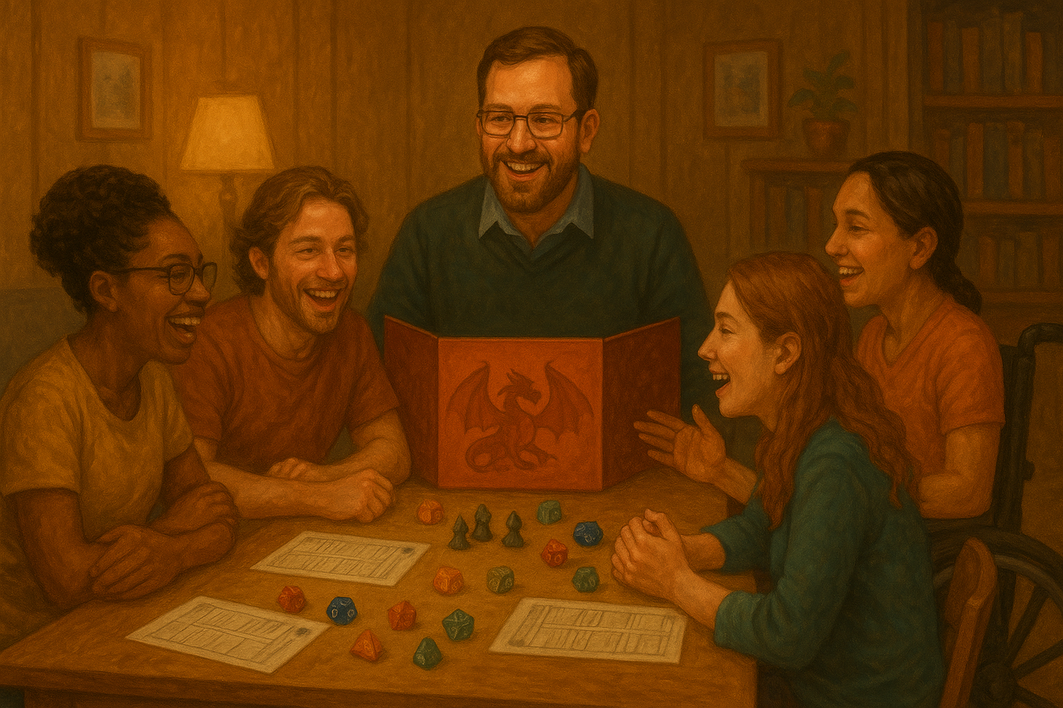 A group of people are sitting around a table playing a game.