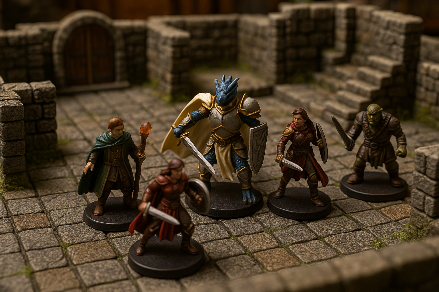 A group of figurines standing on top of a brick floor.