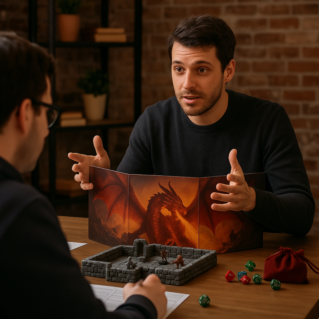 Two men are sitting at a table playing a game of dungeons and dragons.