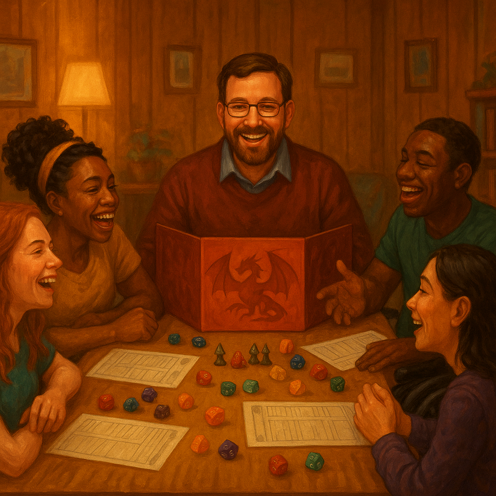 A group of people are sitting around a table playing a game.