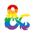 D&D logo with a rainbow dragon wrapped around the ampersand, symbolizing LGBTQ+ pride.