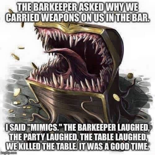 A treasure chest with teeth and tongue captioned,