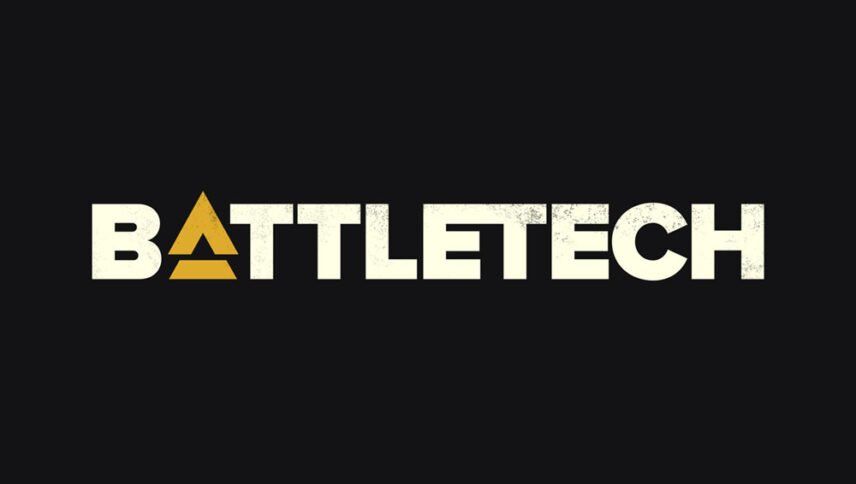 BATTLETECH logo: White text with a gold triangle over the 