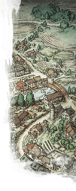 Bird's-eye view illustration of a village with houses, roads, trees, and a bridge.