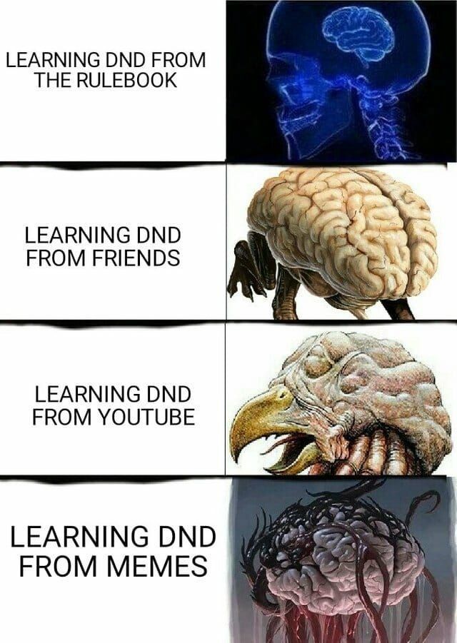 Meme comparing how one learns D&D: rulebook (X-ray brain), friends (normal brain), YouTube (bird-like brain), memes (tentacle brain).