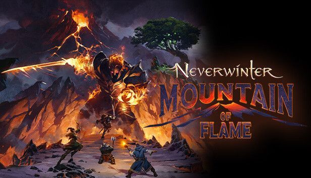 Neverwinter Mountain of Flame promotional art: Heroes battling a fiery giant near a volcano.
