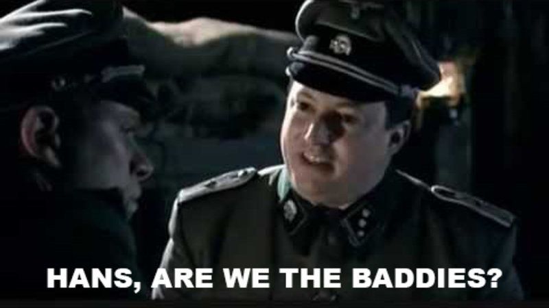 Two men in Nazi uniforms, one asking, 