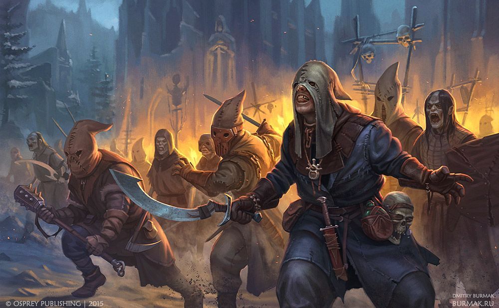 Armed figures in hooded masks charge forward, set in a snowy, ominous, torch-lit environment.