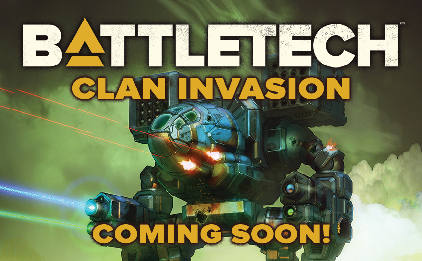 Battletech Clan Invasion announcement. A mech firing weapons, with a 