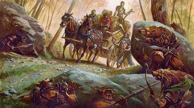Horses pull a carriage through a forest, attacked by archers and fallen figures.