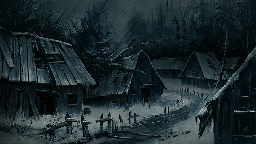 Dilapidated wooden shacks in a dark, foggy village; ominous atmosphere.