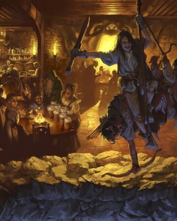 Medieval tavern scene: Man rides another, sword raised, amid revelry. Warm lighting, people drinking, laughing.