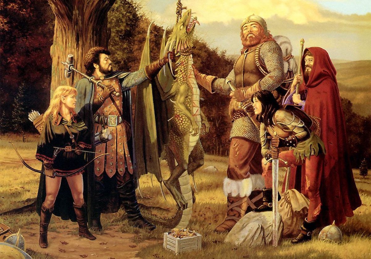 A group of adventurers inspect a dead dragon in a forest clearing.