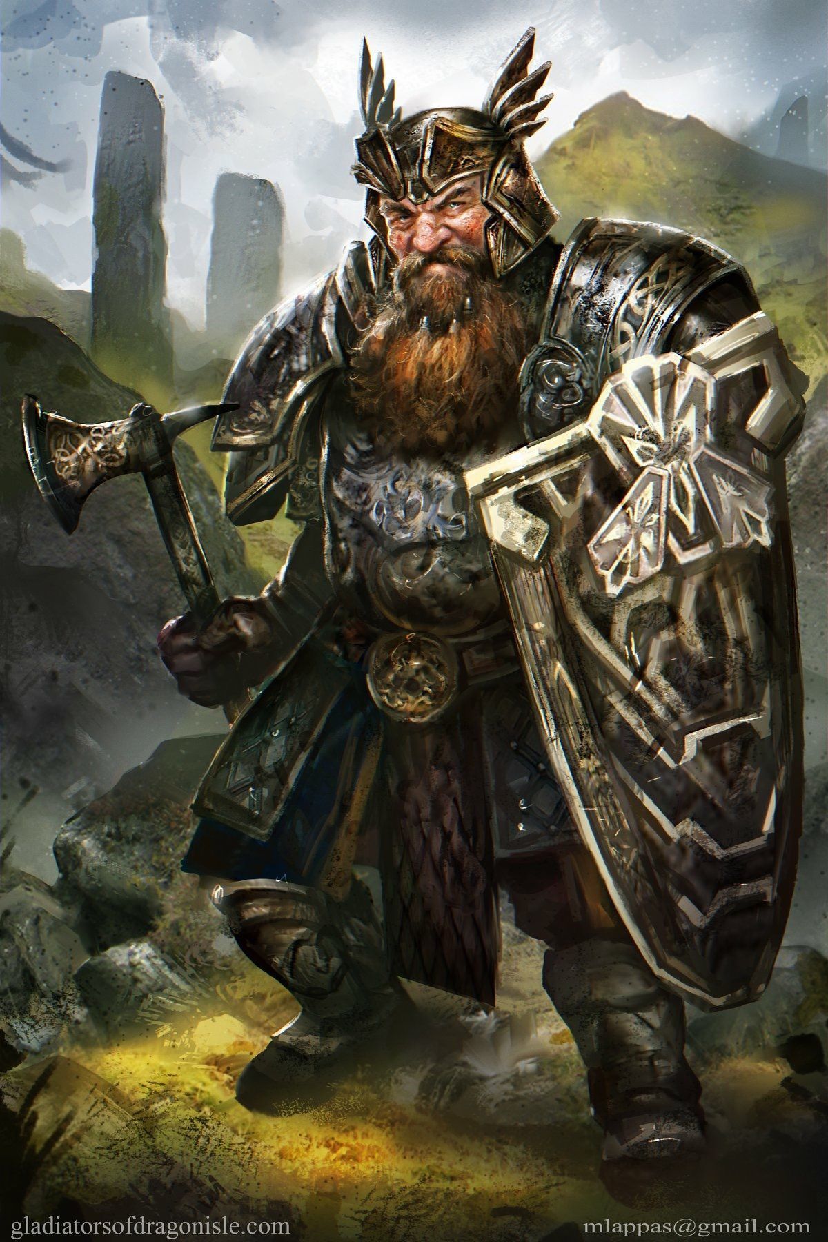 Dwarf warrior in armor, holding an axe and shield, with a stern expression. Set in a rugged, rocky landscape.