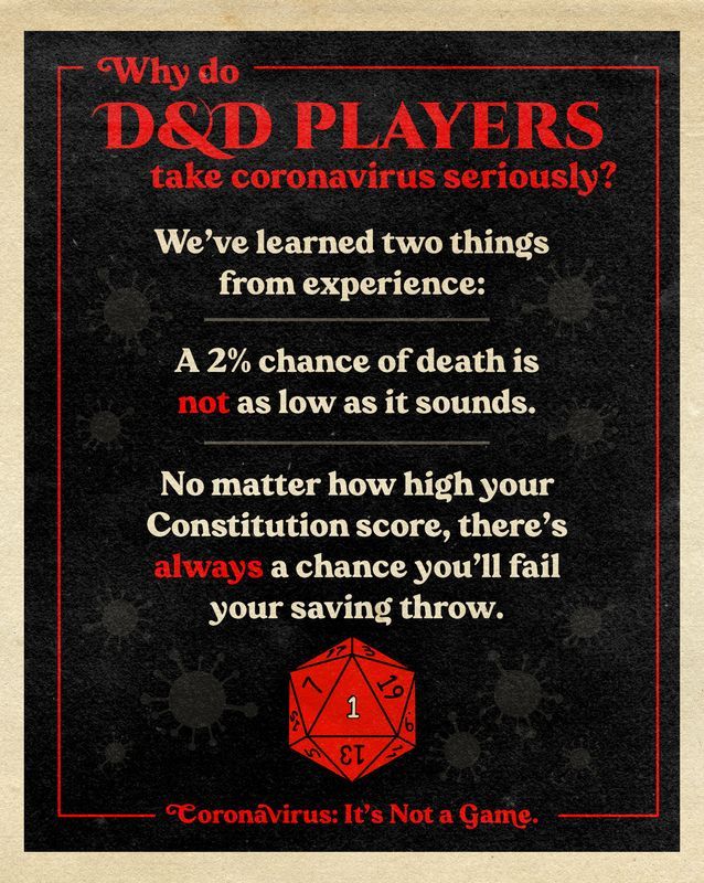 Poster: Why D&D players take coronavirus seriously. Text and a red die with a 1 on a dark background.
