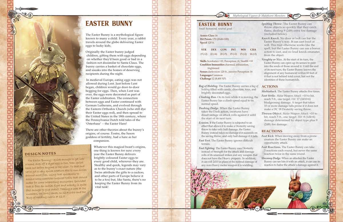 Two-page spread: Easter Bunny RPG stats and lore. Art depicts a rabbit-like figure, with a table. Warm tones and ornate borders.