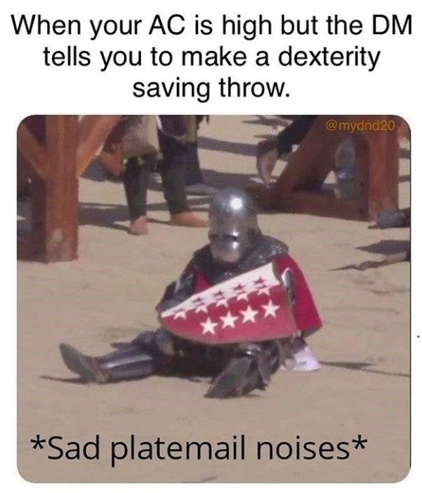 A knight in full plate armor sits dejected on the ground, captioned 