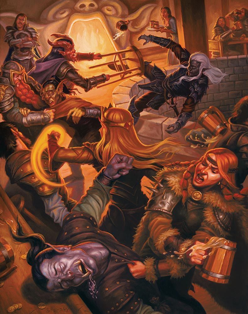 Bar brawl: Diverse fantasy figures fight, fists flying, drinks spilled. Gritty interior, fiery lighting.