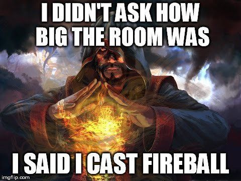A robed wizard with hands clasped around a ball of fire; text reads